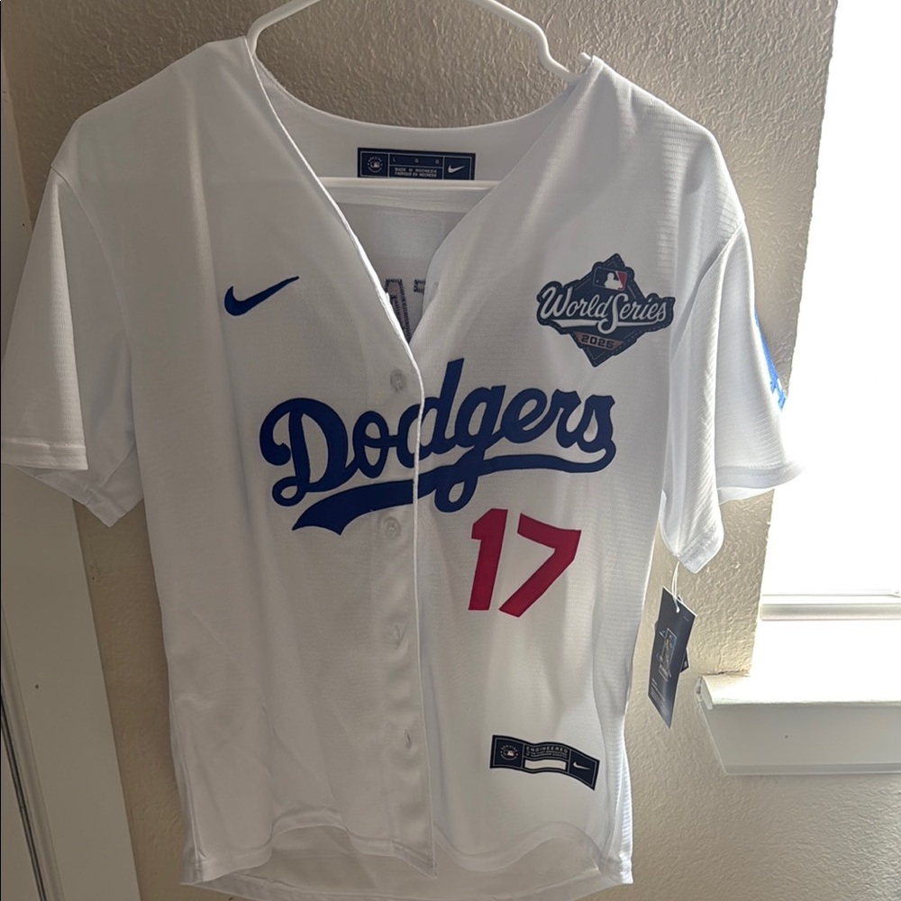 MLB Dodgers White Blue Red World Series Jersey #17
